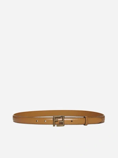 Fendi Ff Leather Thin Belt In Caramel