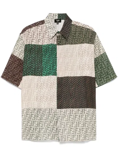 Fendi Patchwork-design Ff-logo Print Linen Shirt In Brown