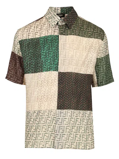 Fendi Men Linen Shirt With All-over Ff Print In Multi