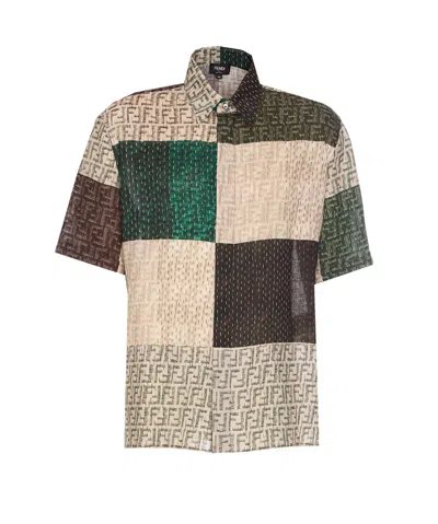 Fendi Men Linen Shirt With All-over Ff Print In Multi