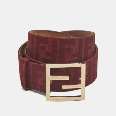 Pre-owned Fendi Ff Logo 95 Cm Buckle Belt Red Zucca Canvas