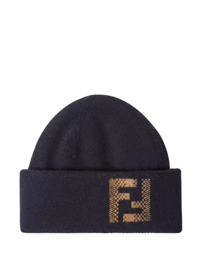 Fendi Intarsia Ff Wool-cashmere Beanie With Turned-up Brim In Black