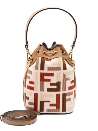 Fendi Mon Tresor Canvas Bucket Bag With Ff Embroidery In Multi