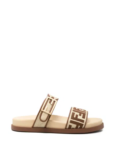 Fendi Ff Logo Buckle Sandals In Brown