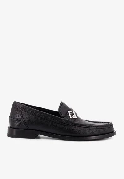 Fendi Ff Logo Calf Leather Loafers In Black