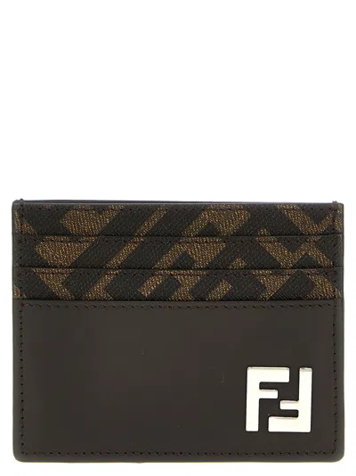 Fendi Ff Logo Canvas & Leather Card Case In Black