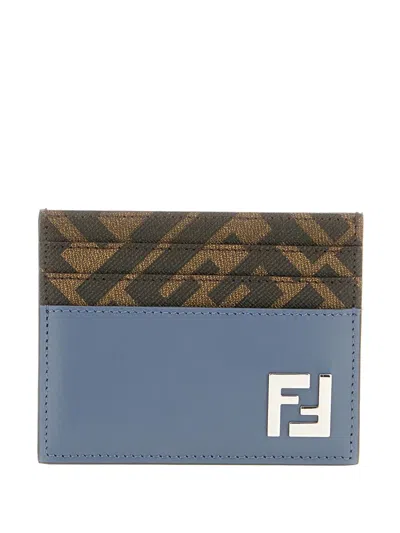Fendi Leather And Ff Canvas Squared Card Holder In Orange
