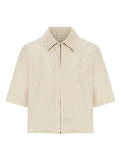 Fendi Women Beige Shirt With Classic Collar And Front Zip Closure In Chambray Ff Woman In Neutral