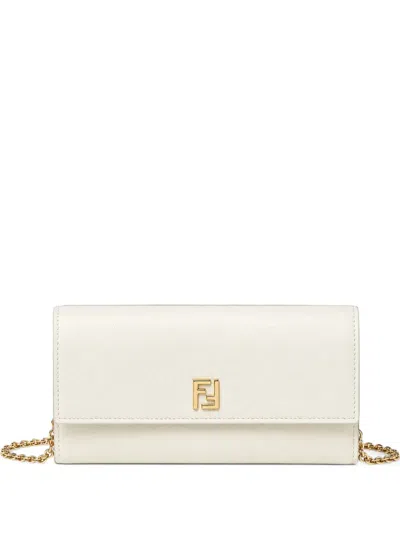 Fendi Ff Continental With Chain Parchment-colored Leather Wallet In White