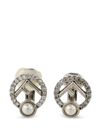 Pre-owned Fendi Ff Logo Faux-pearl Earrings In White