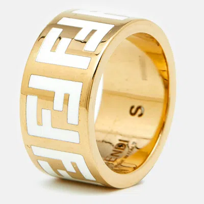 Pre-owned Fendi Ff Logo Forever Enamel Gold Tone Ring Size 52