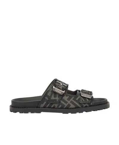 Fendi Feel Ff Jacquard Sandals In Gray Black+black