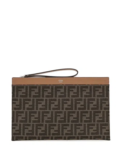 Fendi Ff-logo Pattern Clutch Bag In Brown