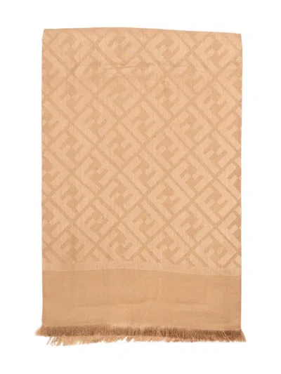 Fendi Ff Logo-pattern Fringed Scarf In Neutral