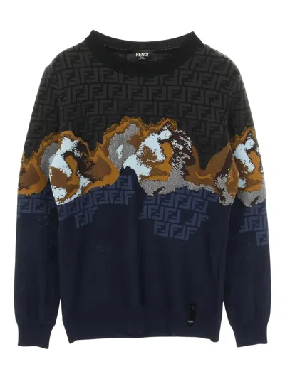 Pre-owned Fendi Ff Logo-pattern Knitted Top In Blue