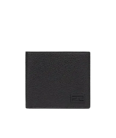 Fendi Ff-logo Pebbled-leather Bi-fold Wallet In Black