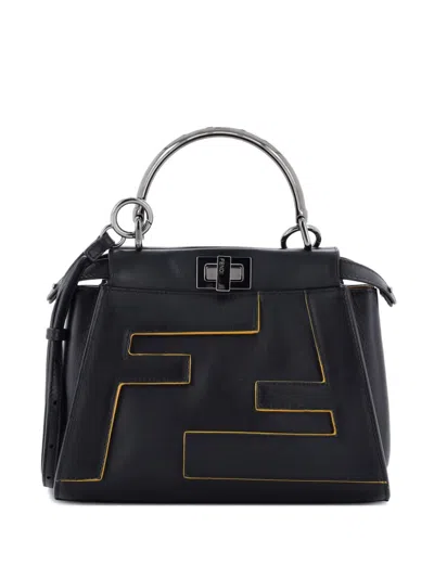 Pre-owned Fendi Ff Logo Peekaboo Bag Leather With Applique Mini Satchel In Black