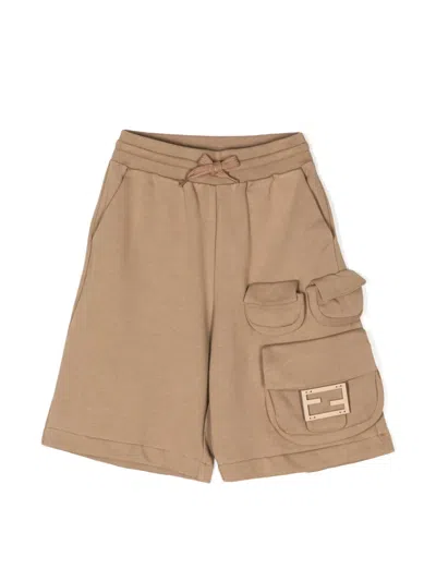 Fendi Kids' Ff Logo-plaque Cotton Shorts In Brown