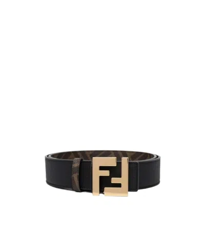 Fendi Ff Logo Plaque Leather Belt In Black