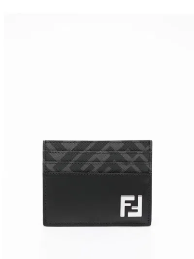 Fendi Ff Logo-plaque Leather Cardholder In Black