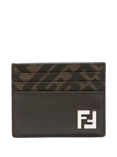 Fendi Squared Ff Brown Card Holder In Black