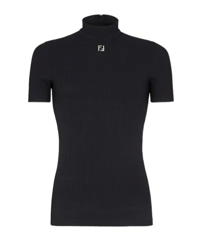 FENDI FENDI MOCK NECK SHORT-SLEEVED RIBBED TOP