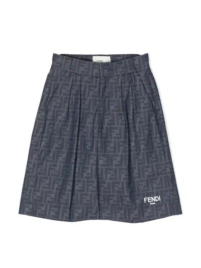 Fendi Kids' Ff-logo Print Cotton Shorts In 蓝色