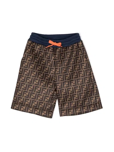 Fendi Kids' Ff-logo Print Drawstring Shorts In F1jdt Brown