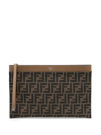 Fendi Ff Logo Print Flat Pouch In Brown