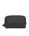 Fendi Ff Fabric Toiletry Case With Leather Handle In Black