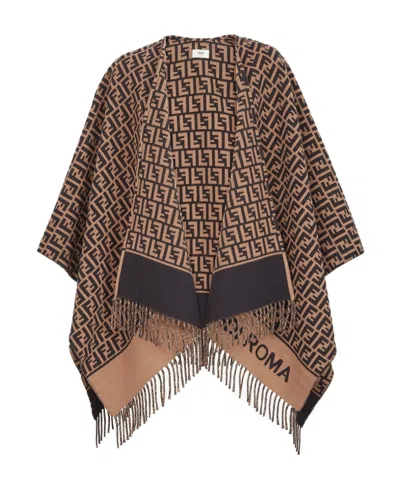 FENDI FENDI FF JACQUARD FRINGED PONCHO