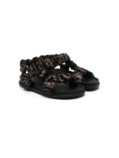 Fendi Kids' Ff-logo Print Ruched Sandals In Black