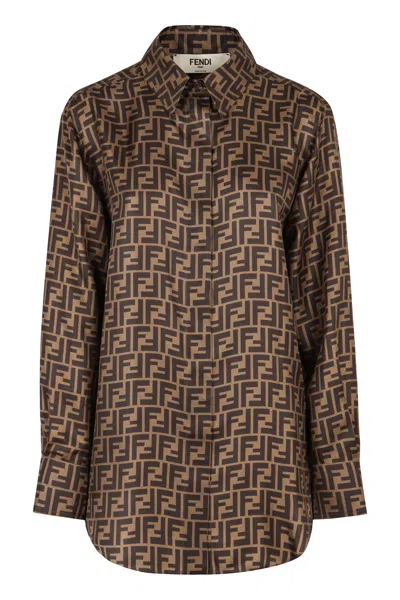Fendi Ff Logo Print Silk Shirt In Brown