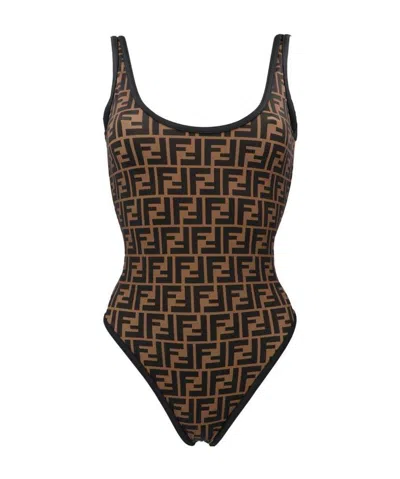 Fendi Ff Logo Print Swimsuit In Black
