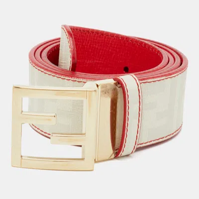 Pre-owned Fendi Ff Logo Reversible 95 Cm Buckle Belt Off White/red Zucca Coated Canvas