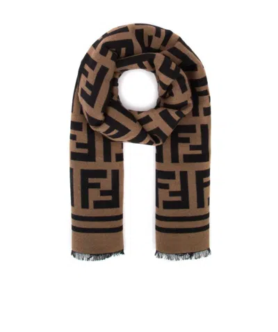 Fendi Beige Wool And Silk Scarf In Brown
