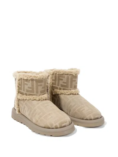 Fendi Kids' Ff Logo Shearling-trimmed Boots In Neutral