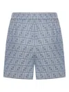 Fendi Embroidered Chambray Shorts With All-over Pattern In Blue
