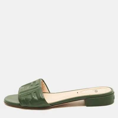 Pre-owned Fendi Ff Logo Size 37 Green Leather Flat Slide