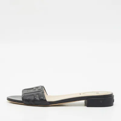 Pre-owned Fendi Ff Logo Size 39 Black Leather Flat Slide