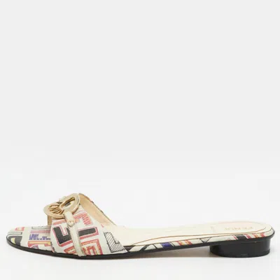 Pre-owned Fendi Ff Logo Size 40 Multicolor Coated Canvas And Leather Flat Slide