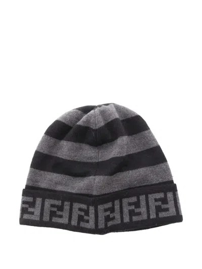 Pre-owned Fendi Ff-logo Striped Beanie Hat In Black