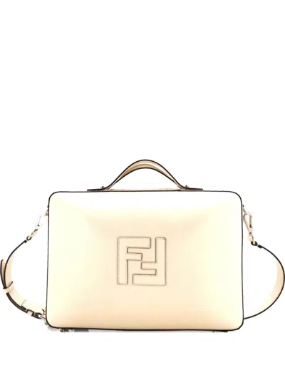 Pre-owned Fendi Ff Logo Suitcase Leather Medium Crossbody Bag In Neutral