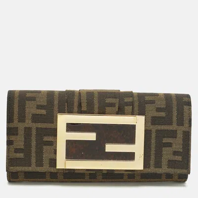 Pre-owned Fendi Ff Logo Tobacco Zucca Canvas Continental Wallet In Brown