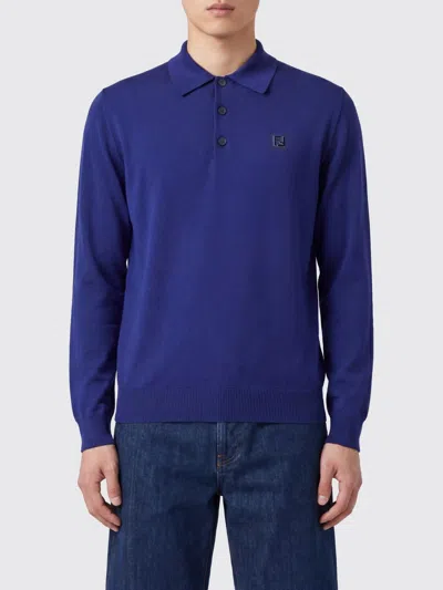 Fendi Ff Logo Wool Knit Polo In Blue
