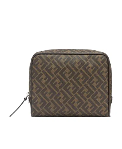 Fendi Monogram Zipped Toiletry Bag In Marrone