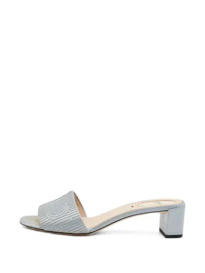 Pre-owned Fendi Ff Logo-embroidered Block-heel Sandals In Grey