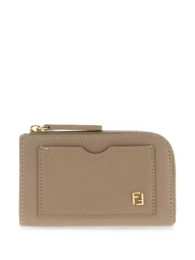 Fendi Ff Logo-plaque Leather Card Case Pouch In Brown