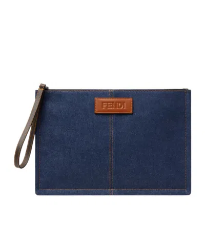 Fendi Ff Medium Flat Pouch In Blue