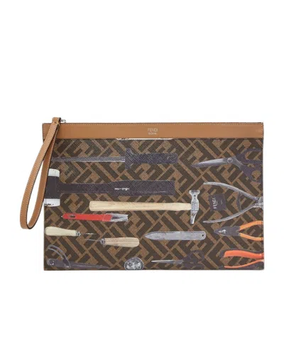 Fendi Ff Medium Flat Pouch In Brown